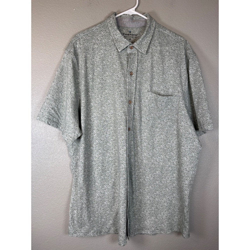 Tailor Vintage Mens XL Green Leaf Print Short Sleeve Button Down Shirt Stretch